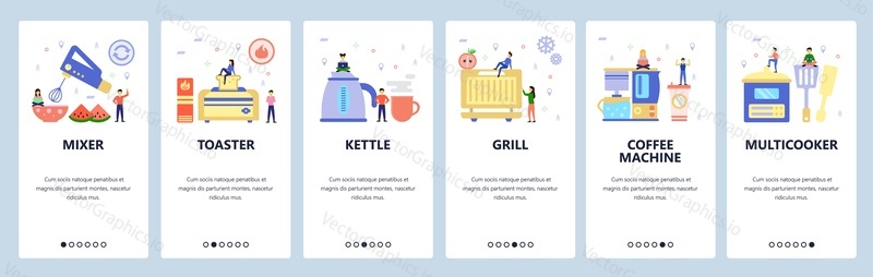 Mobile app onboarding screens. Home kitchen appliances, kettle, toaster, grill, coffee machine, cooker. Menu vector banner template for website and mobile development. Web site design flat illustration.