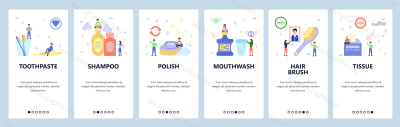 Mobilní aplikace onboarding obrazovky. Ranní rutinní ikony, zubní kartáček, Šampon, ústní voda, kartáč na vlasy, tkáň. Nabídka vektorový banner šablona pro webové stránky a mobilní vývoj. Design webových stránek plochý ilustrace.