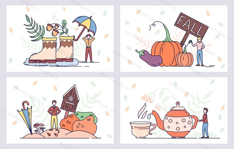 Autumn season vector posters. Farm and harvest vegetables. Rain boots and umbrella. Hot tea pot.