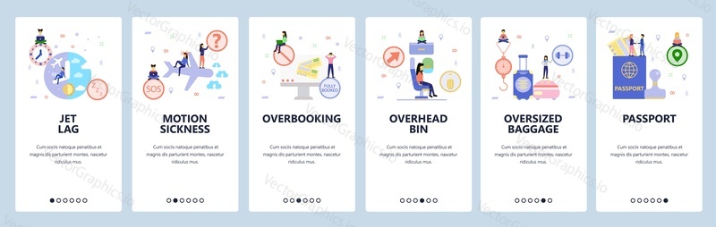 Mobile app onboarding screens. Travel by airplane, jetlag, flight booking, passport, baggage. Menu vector banner template for website and mobile development. Web site design flat illustration.