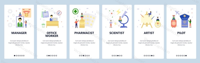 Mobilní aplikace onboarding obrazovky. Profese, manažer, obchod, lékař, vědec, umělec, pilot. Nabídka vektorový banner šablona pro webové stránky a mobilní vývoj. Design webových stránek plochý ilustrace.