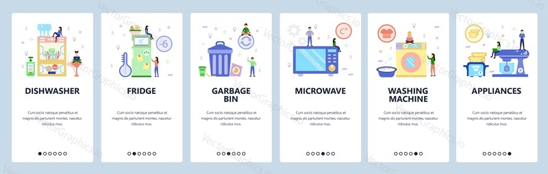 Mobile app onboarding screens. Home appliances, microwave, fridge, dishwasher, grbage bin, washing machine. Vector banner template for website and mobile development. Web site design flat illustration.