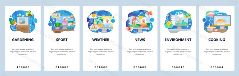 Mobilní aplikace onboarding obrazovky. TV show, sportovní zprávy, počasí, Vaření show, tv set. Nabídka vektorový banner šablona pro webové stránky a mobilní vývoj. Design webových stránek plochý ilustrace.