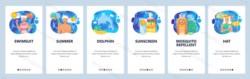 Mobilní aplikace onboarding obrazovky. Letní dovolená na tropické pláži, dovolená, opalovací krém, plavky, delfín. Nabídka vektorový banner šablona pro webové stránky a mobilní vývoj. Design webových stránek plochý ilustrace.