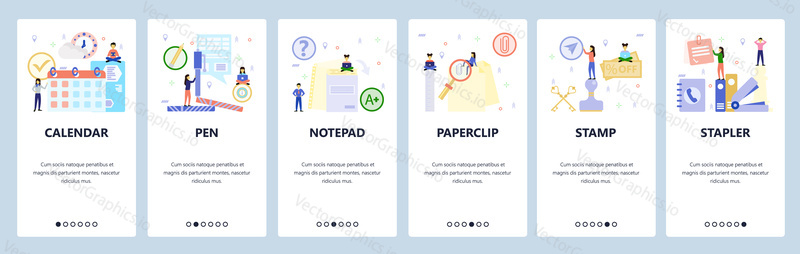 Mobilní aplikace onboarding obrazovky. Kancelářské potřeby, obchodní kalendář, razítko, sponka na papír. Nabídka vektorový banner šablona pro webové stránky a mobilní vývoj. Design webových stránek plochý ilustrace.