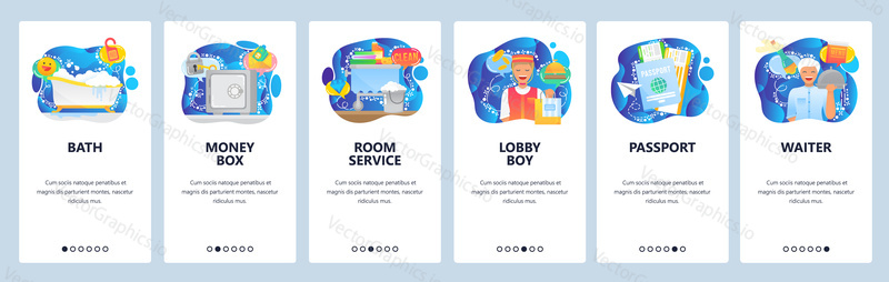 Mobile app onboarding screens. Hotel room service, bath, safe, lobby boy, passport, waiter. Menu vector banner template for website and mobile development. Web site design flat illustration.