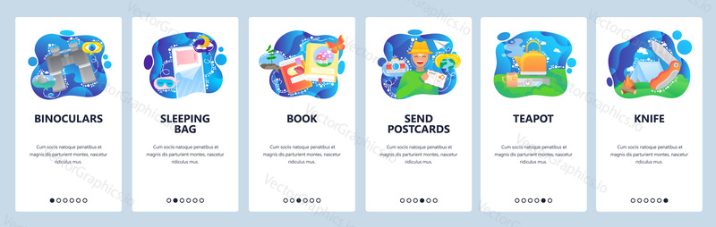 Mobile app onboarding screens. Travel and outdoor camping, sleeping bag, binoculars, teapot, knife, tent. Menu vector banner template for website and mobile development. Web site design flat illustration.