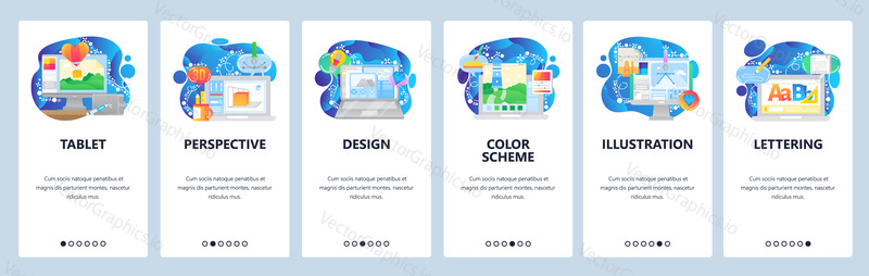 Mobilní aplikace onboarding obrazovky. Digitální umění a grafický design, kresby, 3d model, počítačové ilustrace. Nabídka vektorový banner šablona pro webové stránky a mobilní vývoj. Webové stránky ploché ilustrace.