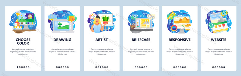 Mobilní aplikace onboarding obrazovky. Umělecká malba, kresba, projekt domu, responzivní design. Nabídka vektorový banner šablona pro webové stránky a mobilní vývoj. Design webových stránek plochý ilustrace.