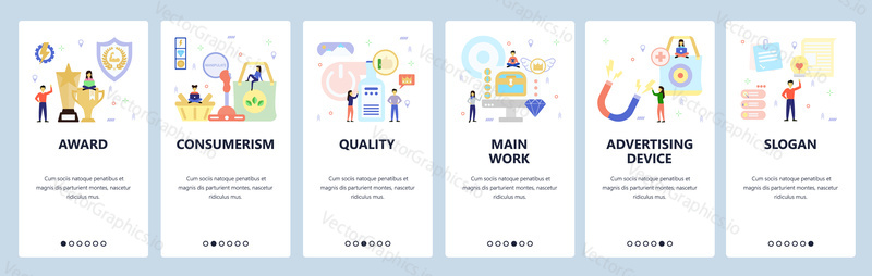 Mobile app onboarding screens. People shop gorcery, award, winner trophy, gimmick, magnet. Menu vector banner template for website and mobile development. Web site design flat illustration.