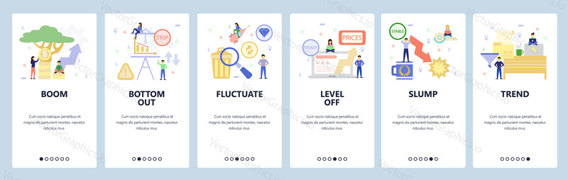 Mobile app onboarding screens. Economy, financial and trading icons, stock exchange, business. Menu vector banner template for website and mobile development. Web site design flat illustration.