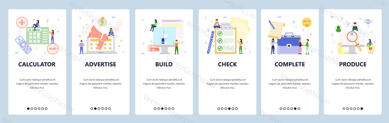 Mobile app onboarding screens. Business icons, promotion, check list, deal. Menu vector banner template for website and mobile development. Web site design flat illustration.
