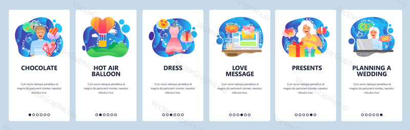 Mobile app onboarding screens. Love and couple romantic relationships, heart balloon, gifts, wedding. Menu vector banner template for website and mobile development. Web site design flat illustration.