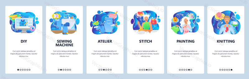 Mobilní aplikace onboarding obrazovky. Šicí stroj, malba, paleta umělců, pletení, ateliér. Nabídka vektorový banner šablona pro webové stránky a mobilní vývoj. Design webových stránek plochý ilustrace.