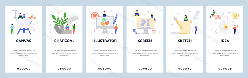 Mobilní aplikace onboarding obrazovky. Umělecká malba, umělec, plátno, kreativní nápad, dřevěné uhlí. Nabídka vektorový banner šablona pro webové stránky a mobilní vývoj. Design webových stránek plochý ilustrace.