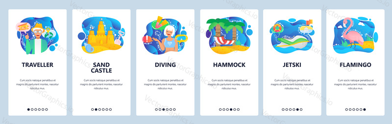 Mobile app onboarding screens. Travel and holiday on tropical beach, sand castle, diving, hammock, jetski. Menu vector banner template for website and mobile development. Web site design flat illustration.