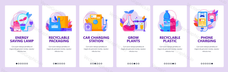 Recycle plastic. Energy saving electric lamp, phone and car charging, green power. Mobile app onboarding screens. Vector banner template for website mobile development. Web site design illustration.