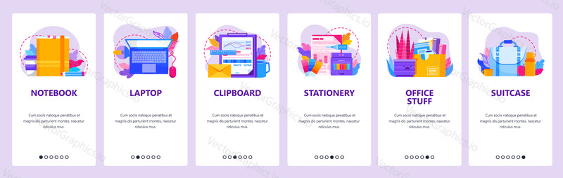 Kancelářské doplňky a obchodní věci. Mobilní aplikace onboarding obrazovky. Nabídka vektorový banner šablona pro webové stránky a mobilní vývoj. Ilustrace designu webových stránek.