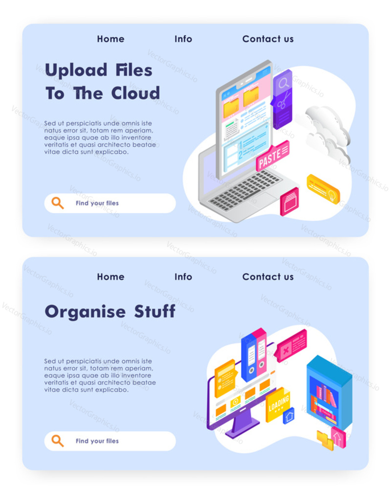 Online cloud office. Nahrajte soubory do technologie cloudového úložiště. Business 3d koncept Vektorové webové stránky design šablony. Ilustrace webové stránky vstupní stránky