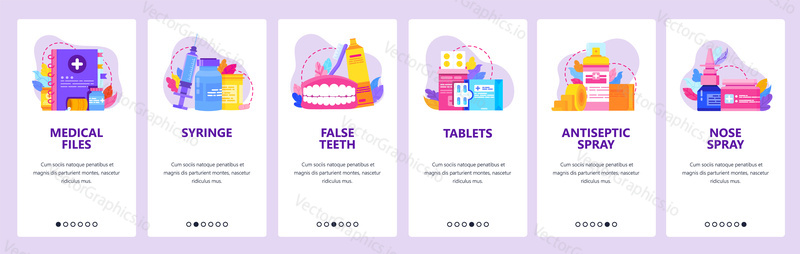 Lékařská kniha, antiseptický sprej, falešné zuby, stříkačka a léky. Mobilní aplikace onboarding obrazovky. Nabídka vektorový banner šablona pro webové stránky a mobilní vývoj. Ilustrace designu webových stránek.
