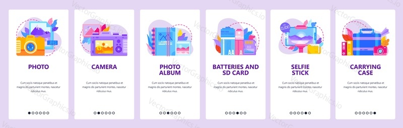 Fotoaparát, Fotografie ikony. Fotoalbum, baterie a paměťová karta. Mobilní aplikace onboarding obrazovky. Nabídka vektorový banner šablona pro webové stránky a mobilní vývoj. Ilustrace designu webových stránek