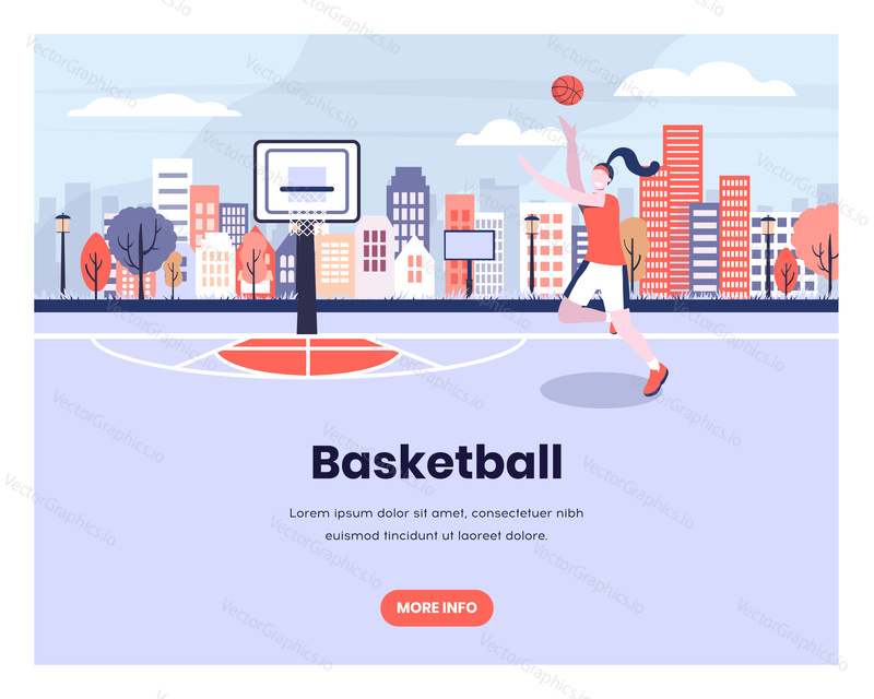 Dívka hraje basketbal s městským zázemím. Žena hráč, sport, obruč, streetball. Vektorové webové stránky design šablony. Ilustrace konceptu webové stránky vstupní stránky