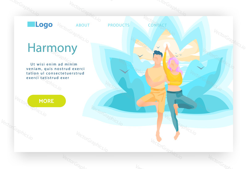 Muž a žena ve stromové józe představují. Koncept harmonie, meditace a osvícení mysli. Wellness a zdravý životní styl. Vektorové webové stránky design šablony. Ilustrace webové stránky vstupní stránky