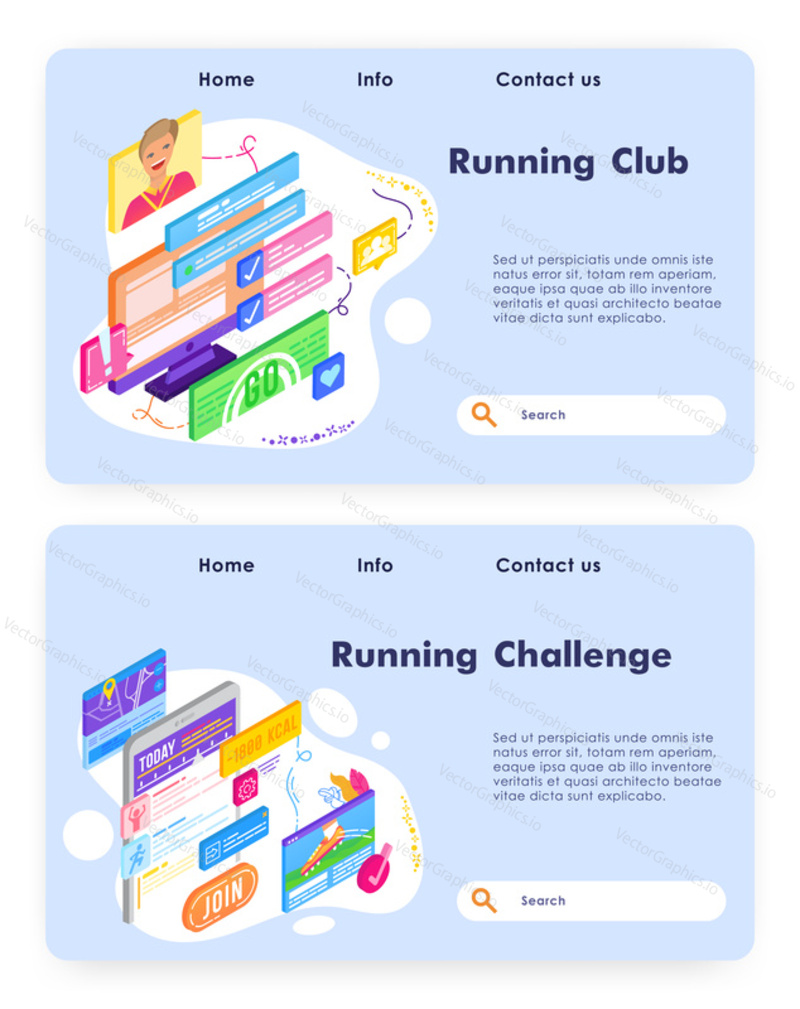 Приложение для мобильного телефона Running club. Отслеживание активности в спортивном фитнесе. Векторный шаблон дизайна веб-сайта. Иллюстрация концепции веб-сайта целевой страницы