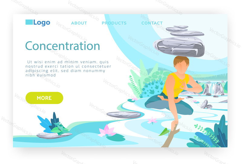 Koncept meditace a koncentrace. Muž balancuje s kameny na hlavě. Příroda krajina. Vektorové webové stránky design šablony. Ilustrace webové stránky vstupní stránky