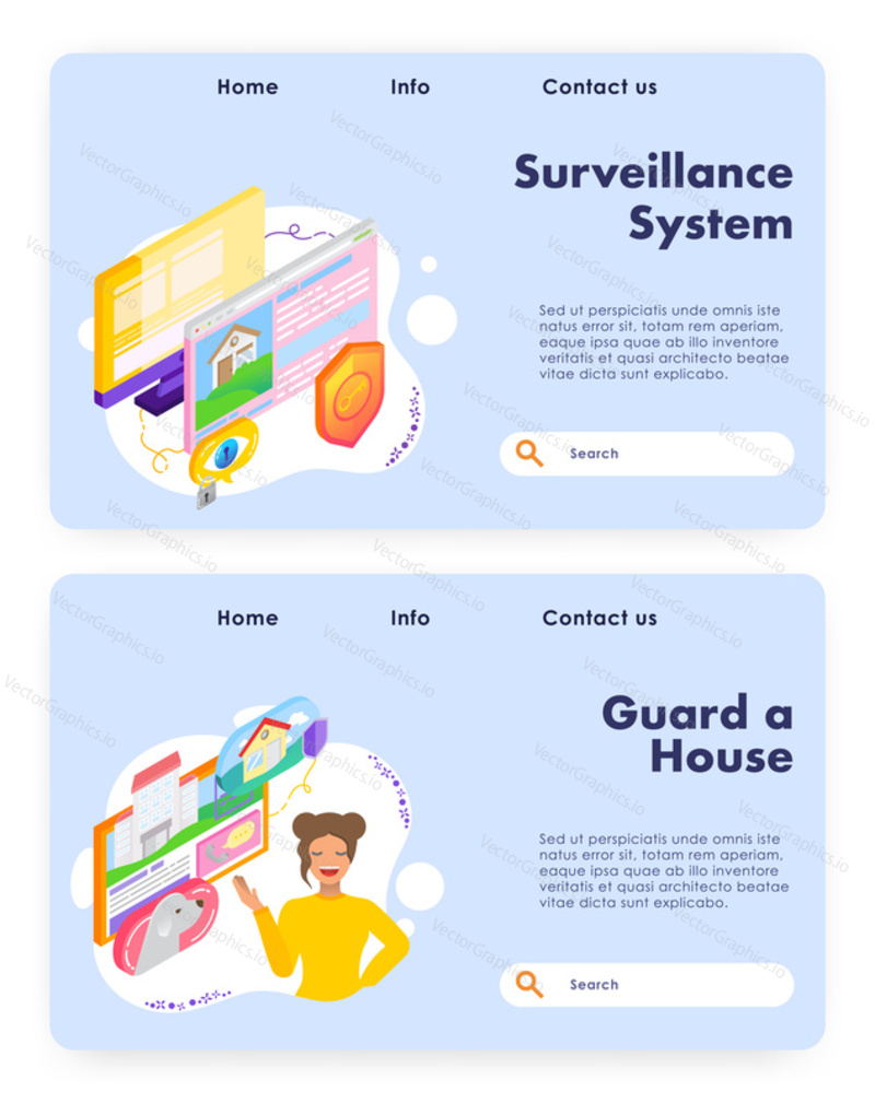 House protection and surveillance system. Home guard, dog, emergency call. Vector web site design template. Landing page website concept illustration