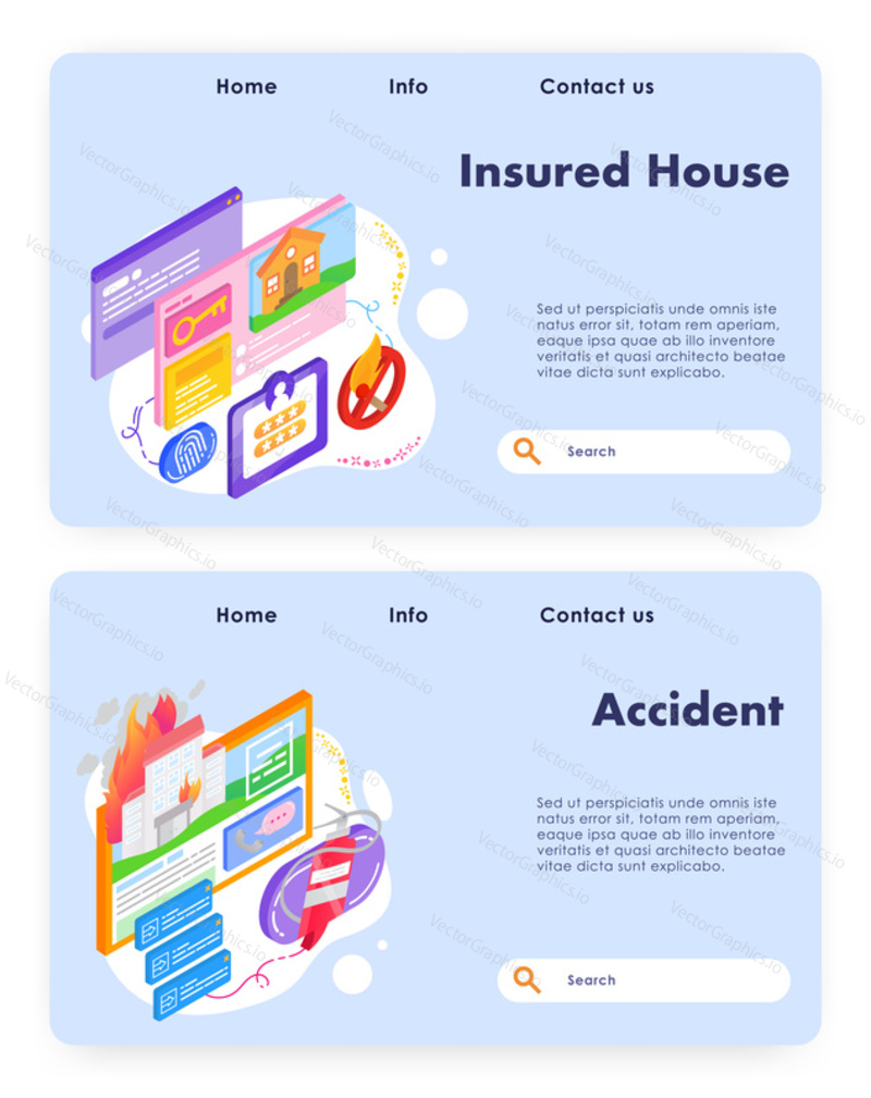House safety and home insurance. House security, fire and accident protection. Vector web site design template. Landing page website concept illustration