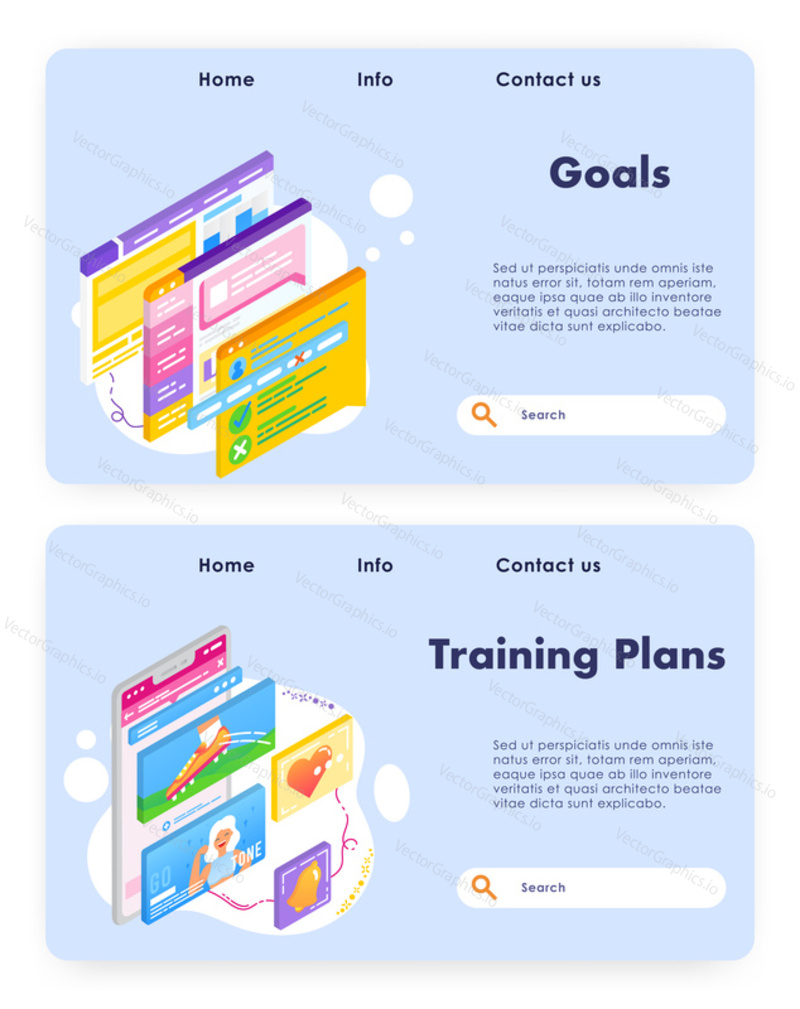UX design obrazovky. Sportovní tréninkové cíle a plány aplikace. Vektorové webové stránky design šablony. Ilustrace konceptu webové stránky vstupní stránky