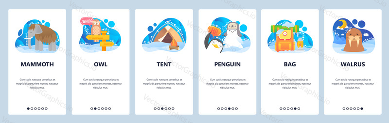Arctic and Antarctic animals, mammonth, penguin, walrus. North adventure outdoor travel. Mobile app screens. Vector banner template for website and mobile development. Web site design illustration.
