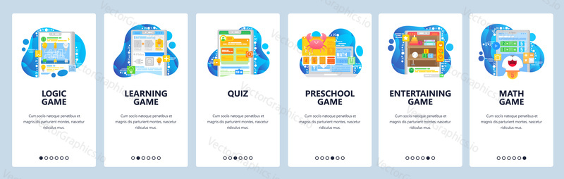 Игры для мобильных телефонов с умным мозгом. Логическая игра, викторина, обучение, развитие детей, математика. Экраны загрузки приложений. Шаблон векторного баннера меню для мобильной разработки сайта. Иллюстрация дизайна веб-сайта.