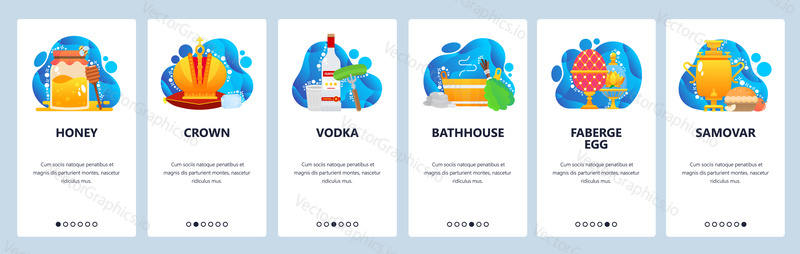 Ruské tradiční kulturní památky. Císařská koruna, vodka, lázeňský dům, samovar. Obrazovky mobilních aplikací. Vektorový banner šablona pro webové stránky a mobilní vývoj. Ilustrace designu webových stránek.
