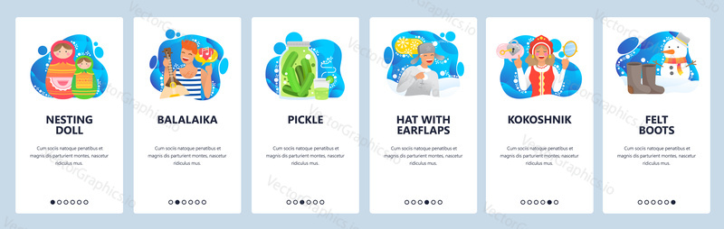 Russian culture icons. Nesting doll, kokoshnik, balalaika. Russian girl in traditional dress. Mobile app screens. Vector banner template for website mobile development. Web site design illustration.