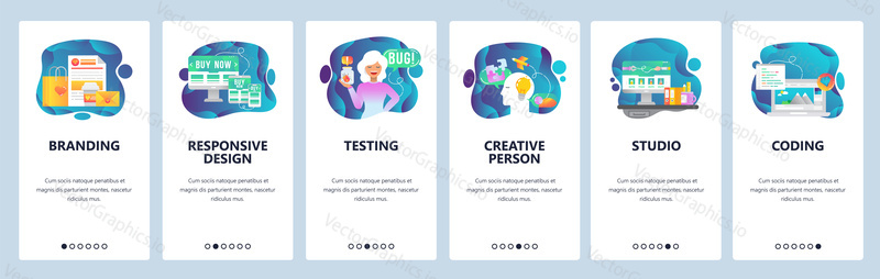 Mobilní aplikace onboarding obrazovky. Digitální marketing, branding a design studio, kreativita. Nabídka vektorový banner šablona pro webové stránky a mobilní vývoj. Design webových stránek plochý ilustrace.