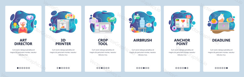 Mobile app onboarding screens. 3d printer, airbrush, painting, digital illustration, project deadline. Menu vector banner template for website and mobile development. Web site design flat illustration.