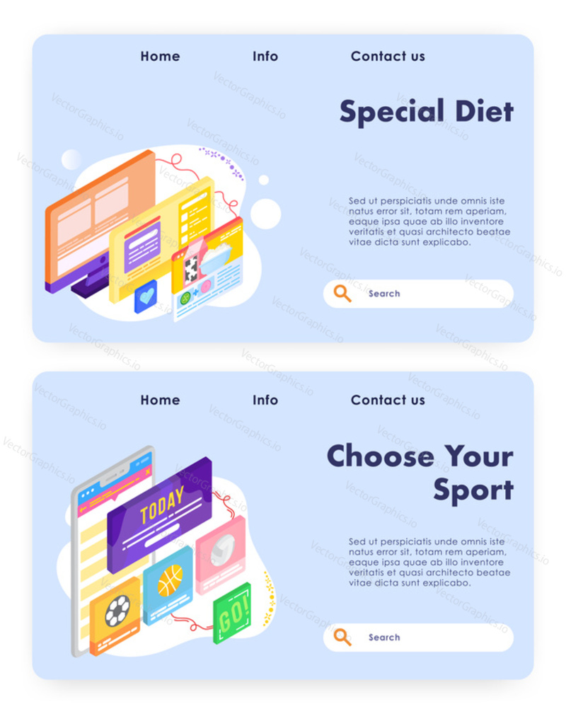 Program zdravé výživy. Mléčné potravinářské výrobky. Vyberte si svůj sport ještě dnes. Vektorové webové stránky design šablony. Ilustrace konceptu webové stránky vstupní stránky