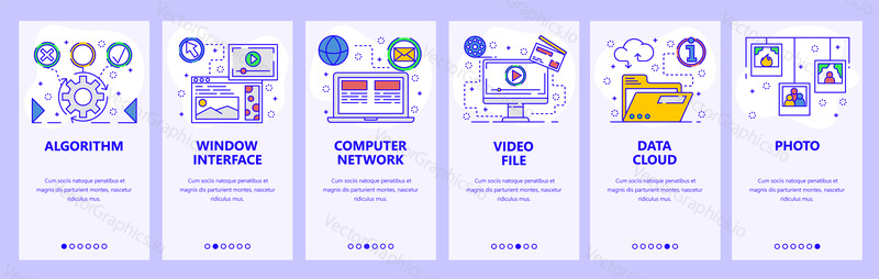 Mobile app onboarding screens. Online computer services, cloud storage, files sync, photo sharing. Menu vector banner template for website and mobile development. Web site design flat illustration.
