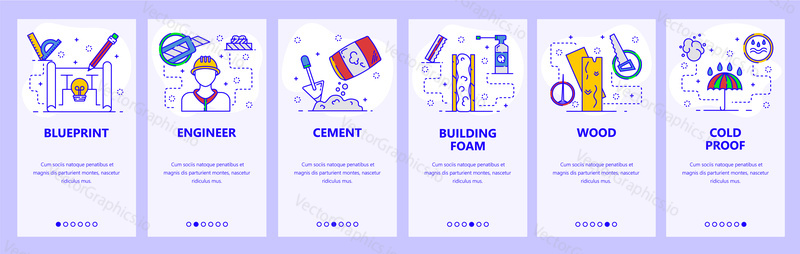 Mobile app onboarding screens. Construction industry business, engineer, tools, building plan. Menu vector banner template for website and mobile development. Web site design flat illustration.