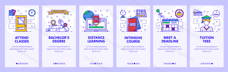 Mobilní aplikace onboarding obrazovky. Školní a vysokoškolské vzdělávání, distanční online výuka, intenzivní kurzy. Nabídka vektorový banner šablona pro webové stránky a mobilní vývoj. Design webových stránek plochý ilustrace.