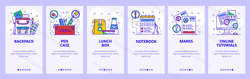 Mobilní aplikace onboarding obrazovky. Školní vzdělání, batoh, oběd box, notebook a testovací známky. Nabídka vektorový banner šablona pro webové stránky a mobilní vývoj. Design webových stránek plochý ilustrace.