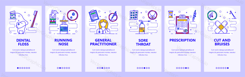 Mobile app onboarding screens. Medical doctor, clinic and prescription drugs. Menu vector banner template for website and mobile development. Web site design flat illustration.