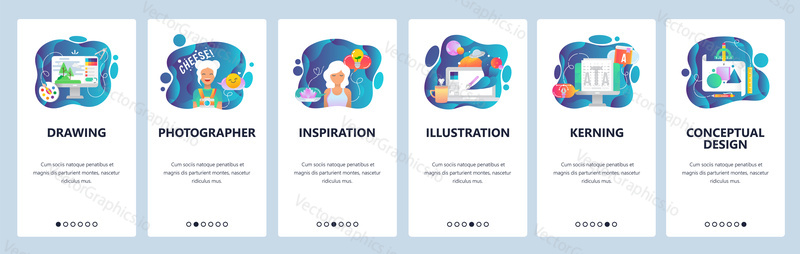 Mobilní aplikace onboarding obrazovky. Digitální umění, kresba a malba, umělec, ilustrace. Nabídka vektorový banner šablona pro webové stránky a mobilní vývoj. Design webových stránek plochý ilustrace.