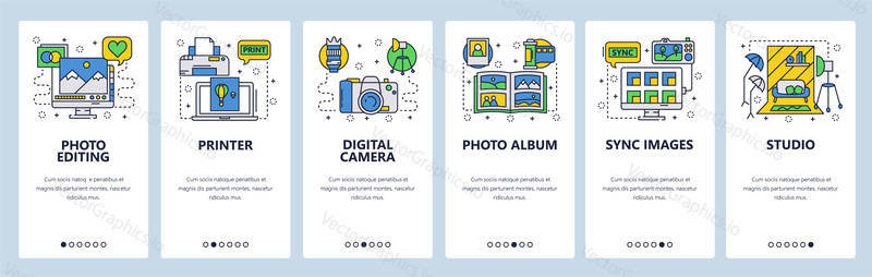 Mobile app onboarding screens. Photography studio, photo editing, digital camera, printer and album. Menu vector banner template for website and mobile development. Web site design flat illustration.