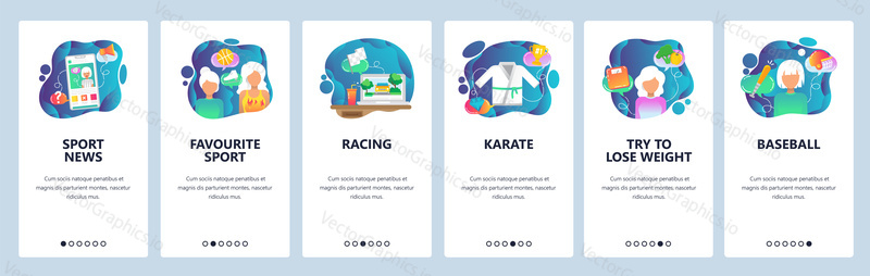 Mobile app onboarding screens. Sport game online broadcast on mobile phone. Karate, baseball, racing. Menu vector banner template for website and mobile development. Web site design flat illustration.