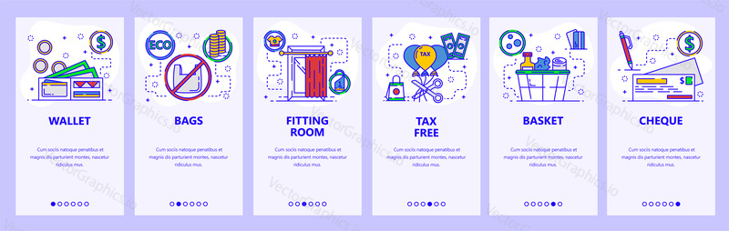 Mobile app onboarding screens. Shopping, grocery store, retail symbols and icons. Menu vector banner template for website and mobile development. Web site design flat illustration.