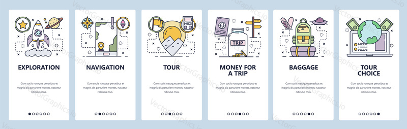 Mobile app onboarding screens. Travel and backpacking, explore, navigation map. Menu vector banner template for website and mobile development. Web site design flat illustration.
