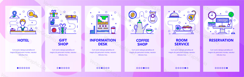 Mobile app onboarding screens. Hotel business, information desk and reception, room booking. Menu vector banner template for website and mobile development. Web site design flat illustration.